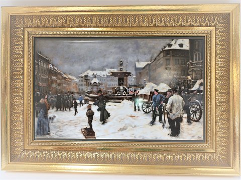 Bing & Gröndahl. Porzellanmalerei. Motiv von Paul Fischer. Wintertag am 
Gammeltorv. Größe inklusive Rahmen, 47 * 33 cm. Produziert 1750 Stück. Dieses 
hat die Nummer 921.