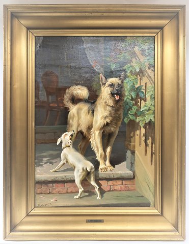 Adolf Mackeprang. (1833-1911). Maleri forestillende to hunde. Størrelse på 
maleri uden ramme 47*65 cm. (Med ramme 65*85 cm).