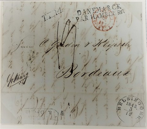 Brief von Helsingör am 05.12.1843 über Hamburg nach Bordeaux. Abfahrtsstempel 
mit Helsingöer.