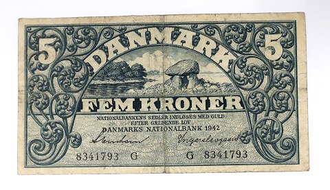 Danmark. Pengeseddel 5 kr. 1942 G