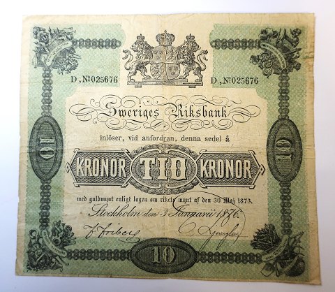 Sverige. 10 krone seddel fra 1876. Der er et lille hul i midten