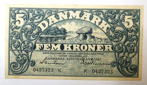Danmark. Pengeseddel 5 kr. 1943 K.