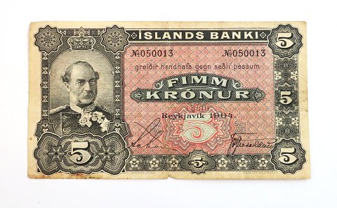 Island. Christian lX. 5 krone pengeseddel 1904. Revne i midten.